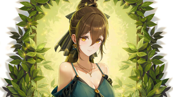 Wallpaper Green, With, Hair, Anime, Yellow, Black, Girl, Eyes, Dress