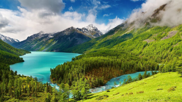 Wallpaper Mountain, Sky, Green, Slope, Between, Scenery, Landscape, Blue, View, Clouds, Nature, River, Trees, Under