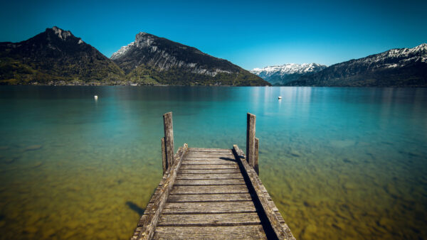 Wallpaper Landscape, View, Water, Dock, Desktop, Mountains, Trees, Sky, Mobile, Body, Calm, Background, Green, Wood, Covered, Nature, Near, Blue