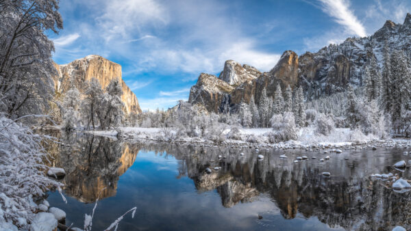 Wallpaper Snow, Nature, White, Trees, Sky, Desktop, Mobile, Between, Covered, Under, Lake, Clouds, Blue, Mountains