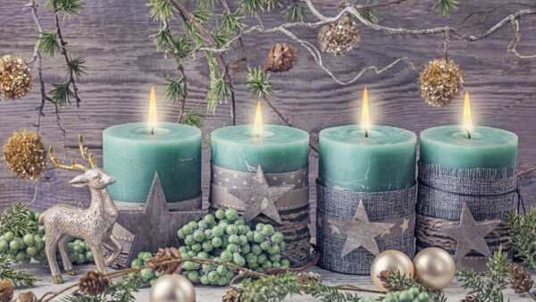 Wallpaper Christmas, With, Desktop, Green, Lighting, Candles, Stars, Wallpaper