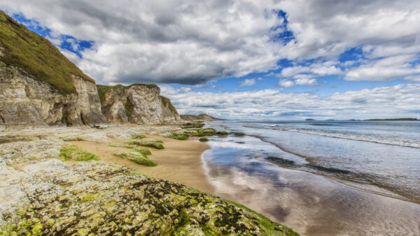 Wallpaper Sky, White, Blue, Waves, Nature, Greenery, Under, Ocean, Mobile, Sand, Clouds, Rocks, Beach, Desktop