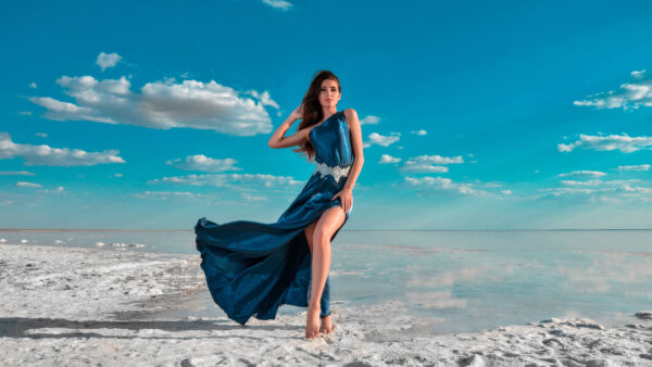 Wallpaper Blue, Model, Dress, Standing, Wearing, Background, Girl, Girls, Ocean, Stunning