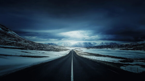 Wallpaper Land, Slope, Between, Road, Nature, Under, Sky, White, Black, Mountains, Snow, Clouds