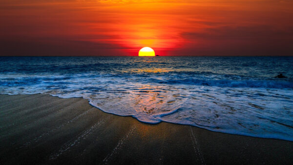 Wallpaper Waves, Ocean, Background, View, Red, Sunset, Sky, Beach, Closeup, Yellow, Sand, Clouds, Under