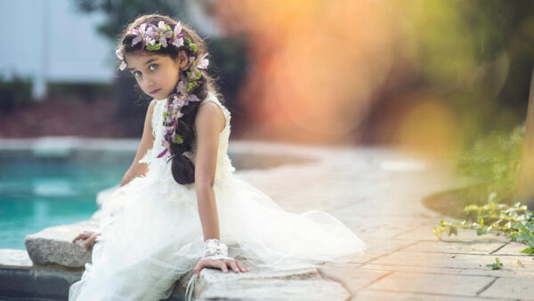 Wallpaper Girl, Little, Dress, Blur, Wearing, Sitting, Cute, Background, Colorful, Path, Bokeh, White, Stone