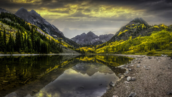 Wallpaper Green, Trees, White, Sky, Clouds, Slope, View, Mountain, Autumn, Landscape, Under, Nature, Yellow