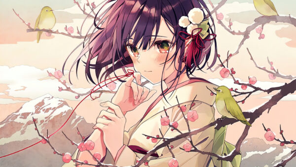 Wallpaper Eyes, Short, Hair, Anime, Cherry, Green, Blossom, Bird, Kimono, Girl