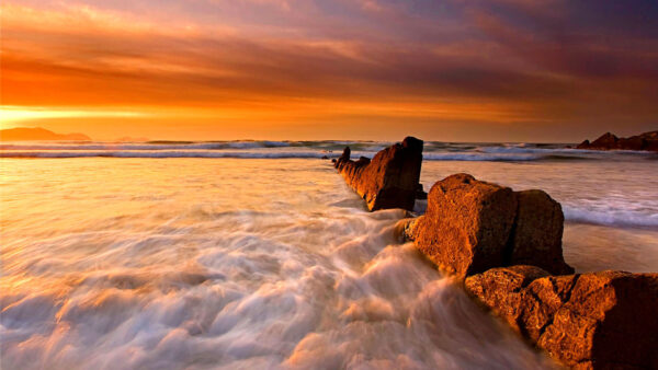 Wallpaper Water, Beautiful, Stream, Sunrise, Rocks, Ocean