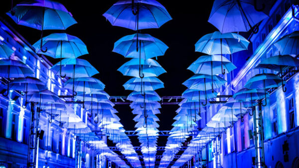 Wallpaper Light, Hanging, Blue, Umbrellas