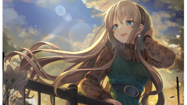 Wallpaper Sky, Blue, Anime, Background, Eyes, Wearing, Standing, Green, Girl, Dress