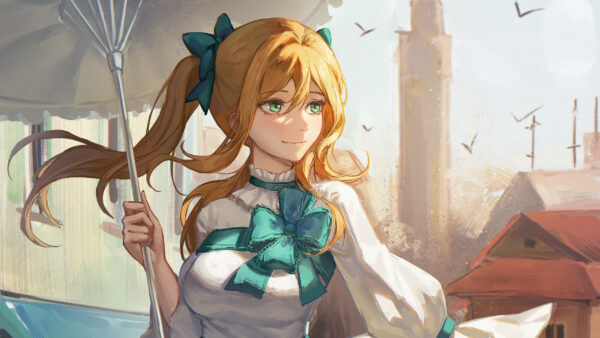 Wallpaper Green, With, Girl, Brown, Anime, Dress, Eyes, White, Hair