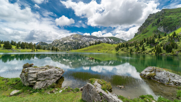 Wallpaper With, Mountain, Lake, Mobile, Under, Nature, White, Sky, Reflection, Green, Cloudy, Covered, Desktop