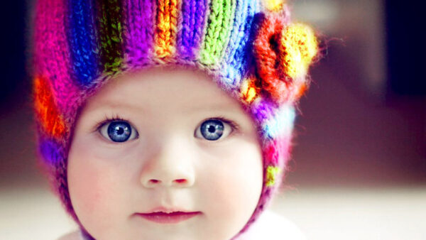 Wallpaper Baby, Desktop, Dark, Cute, Cap, Colorful, Eyes, Knitted, Wool, Blue, Wearing, Background, Blur