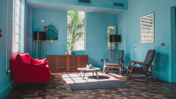 Wallpaper Room, With, Painted, Wooden, Chairs, Blue, Desktop