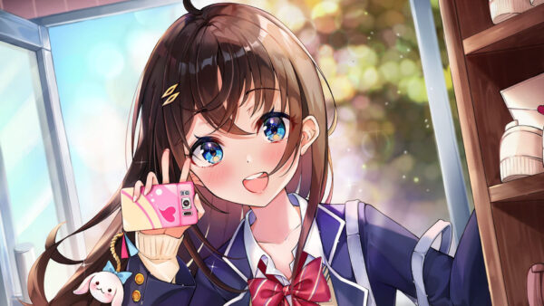 Wallpaper Girl, Eyes, Anime, Blue, Pink, Uniform, School, Phone