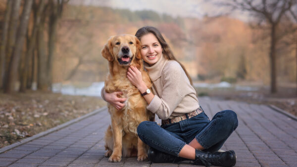 Wallpaper Sitting, Model, Girl, Dress, Blue, Dog, Smiley, With, Brown, Wearing, Girls