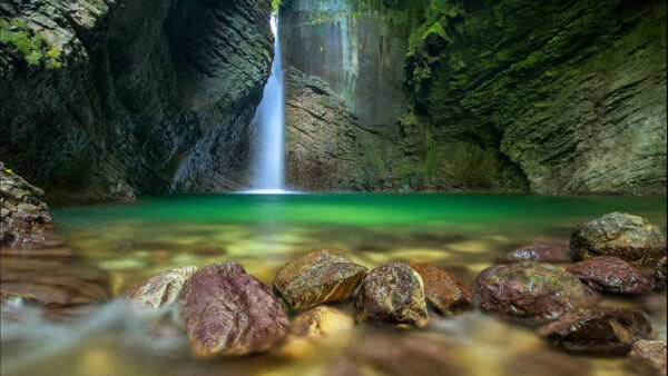 Wallpaper Mobile, Desktop, Between, Cave, Water, Stones, Rocks, Waterfall, Nature