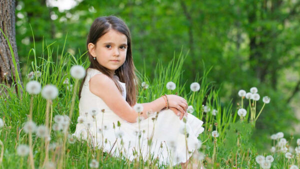Wallpaper White, Wearing, Surrounded, Green, Cute, Girl, Grass, Dress, Flowers, Dandelion, Little, Sitting