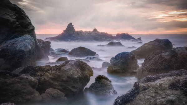 Wallpaper Under, Clouds, Rocks, Fog, Black, White, Nature, Stones, Ocean, Sky, With