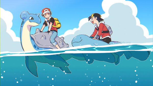 Wallpaper Ethan, Lapras, Sea, Boy, Quagsire, Cap, Red, Pokemon