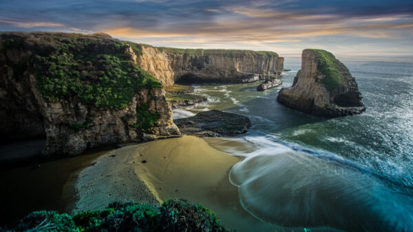 Wallpaper Daytime, During, Beach, Blue, Waves, Sand, Nature, Under, Beautiful, Plants, Sky, Rocks, Ocean, Green, Trees