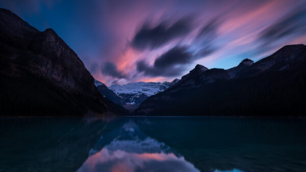 Wallpaper Sky, Purple, Reflection, Black, Light, River, Under, Snow, Blue, Clouds, Nature, Mountains, Capped