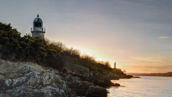 Wallpaper During, Mobile, Green, Stones, Lighthouse, Bushes, Trees, River, Desktop, Blue, Rocks, Sunset, Sky, Nature, Slope