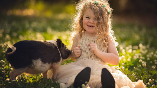 Wallpaper Near, Wearing, Beautiful, Peach, Smiling, Hair, Sitting, Light, Color, Grass, Curly, Cute, Girl, Dress, Little, Pig