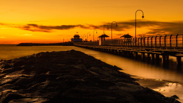 Wallpaper Rocks, Beach, Pier, Sunset