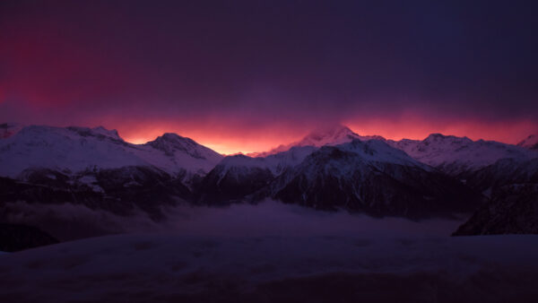 Wallpaper Purple, Peaks, Sky, Under, Black, Nature, Mobile, Mountains, Cloudy, Snow, Covered, Desktop, Fog