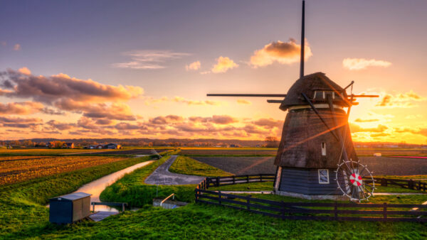Wallpaper Windmill, View, Land, Blue, Sky, During, Sunset, Landscape, Travel, Greenery