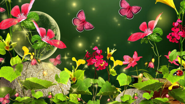Wallpaper Butterfly, Green, Leaves, Pink, Butterflies, Flowers, With