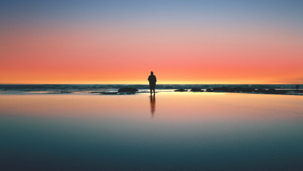 Wallpaper Alone, Man, Silhouette, Seashore, Standing