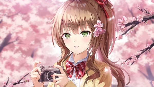 Wallpaper Brown, Blossom, Tree, Anime, Eyes, Hair, Green, Girl, With, Camera, Sakura