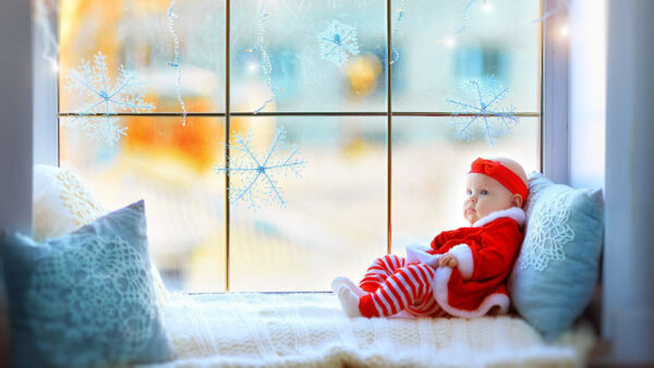 Wallpaper Cloth, Dress, Glass, Claus, Santa, Near, Sitting, Window, Cute, White, Wearing, Baby, Child