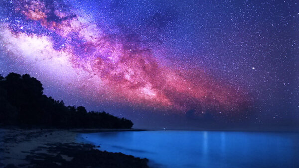 Wallpaper Green, Clouds, Milky, And, Water, Body, Sky, Under, Way, Nature, Calm, Trees, Sand, Starry