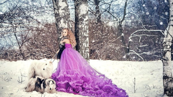 Wallpaper Girls, Purple, With, Field, Wearing, Beautiful, Snow, Fur, Girl, Dress, Standing, Scarf, And, Dogs, Model