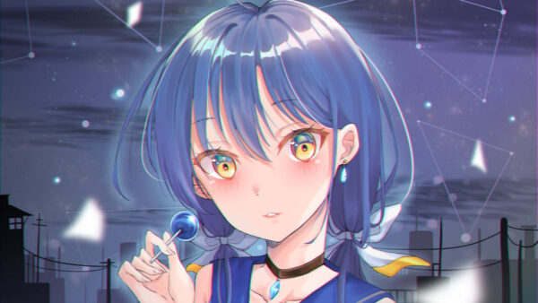 Wallpaper Anime, Blue, Lollipop, Girl, With, Eyes, Hair, Yellow