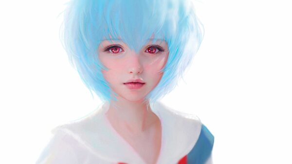 Wallpaper Girl, Dress, With, Blue, Hair, Red, Eyes, Anime, Background, White