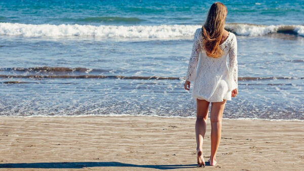 Wallpaper Girl, Standing, Beach, White, Sand, Alone, Wearing, Dress