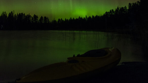 Wallpaper Trees, Reflection, Hills, Background, Boat, Water, Aurora, Lake, Forest, Dark, Sky, Borealis