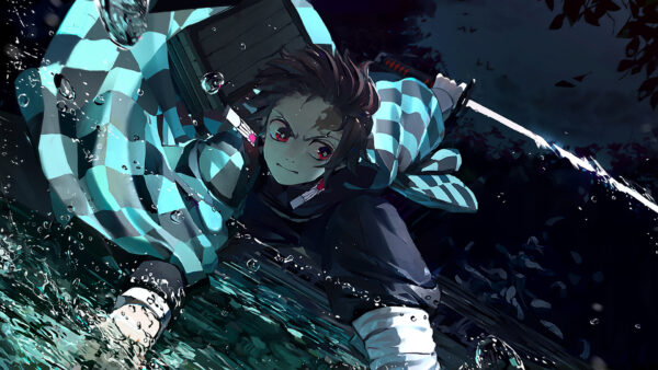 Wallpaper Demon, Blue, Checked, Background, Sword, Black, And, Anime, Tanjiro, Kamado, Wearing, Slayer, Desktop, With, Dress