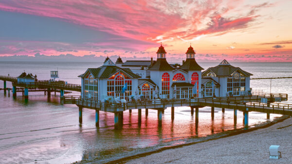 Wallpaper Sunset, During, Travel, Coast, Building, Mobile, Sea, Beach, Pier, Horizon, Desktop