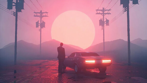 Wallpaper Sunset, Car, Desktop, Standing, Man, Vaporwave, During, Near