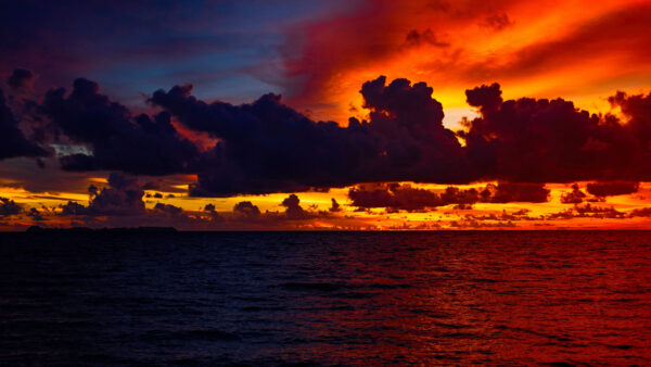 Wallpaper Clouds, Black, Mobile, Ocean, Water, Sky, Red, Calm, Scenery, During, Under, Yellow, Desktop, Nature, Night