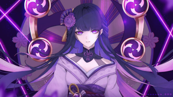 Wallpaper Genshin, Purple, Eyes, Impact, Flowers, Baal