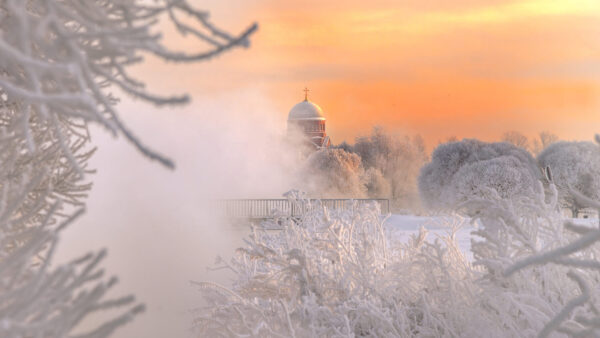 Wallpaper Travel, Fog, Fence, Covered, With, Church, Desktop, Snow, Frost