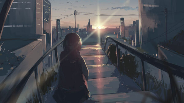 Wallpaper Girl, Stairs, Anime, Sun, Silhouette, Buildings