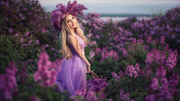 Wallpaper Girl, Standing, Smiley, Flowers, Girls, Dress, Beautiful, Model, Purple, Light, Wreath, Wearing, And, Field